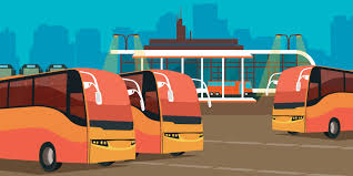 Illustration of school buses parked outside a school building, representing student transport services.